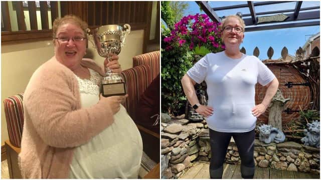 Debbie Walker before and after her huge weight loss. In the last 16 months she has lost almost ten stone and has two more to lose to reach her target weight.
