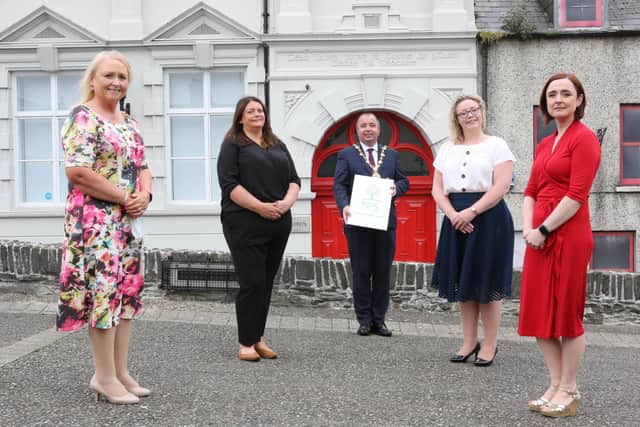 L-R: Martina Mcilkenny PIPS, Yvonne McGrory-Reader, PIPS, Mayor of Derry & Strabane Brian Tierney, Renee Quinn, Executive Director PIPS and Prof Siobhan O'Neill, Interim Mental Health Champion.