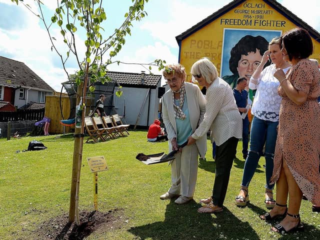 Bridie McBrearty, on the left, mother of Volunteer George McBrearty, and Anne Bell plant Crann na Poblachta to commemorate the 1981 hunger strikers and the anniversary of George McBrearty and Charles ‘Pop’ Maguire, at Rathkeele Way on Sunday afternoon last. Photos: George Sweeney.  DER2122GS - 001
