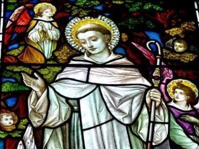 One of the stain glass windows in St Columbas Church, Long Tower, depicting Saint Columba, the patron saint of Derry.