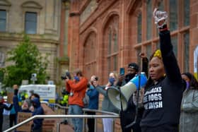 Lilian Seenoi Barr, Director of Programmes at the The North West Migrants Forum speaking at the recent Justice for George Floyd rally held in Guildhall Square. DER2320GS – 042