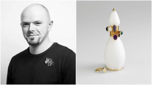 David McCauley and the piece of jewellery he designed 'Lotus' (picture on the right © National Museum of Ireland)