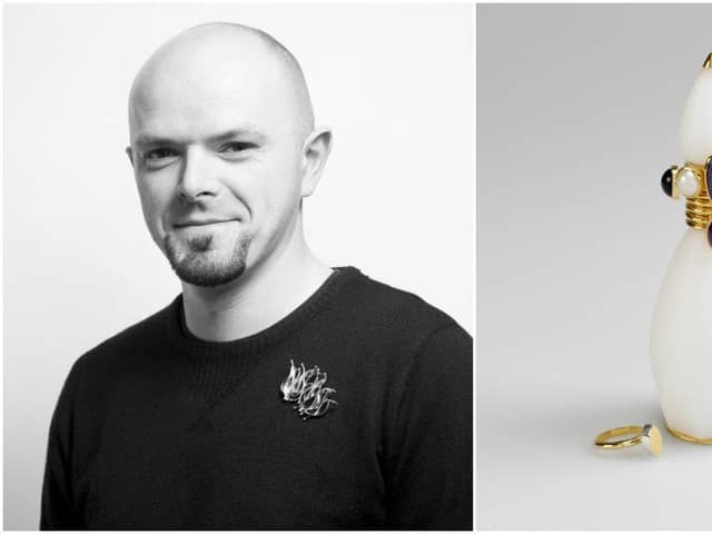 David McCauley and the piece of jewellery he designed 'Lotus' (picture on the right © National Museum of Ireland)