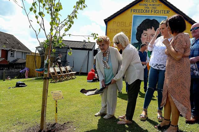 Bridie McBrearty, on the left, mother of Volunteer George McBrearty, and Anne Bell plant a Crann La Poblachta to commemorate the 1981 hunger strikers and the anniversary of George McBrearty and Charles ‘Pop’ Maguire, at Rathkeele Way on Sunday afternoon last.Photos: George Sweeney.  DER2122GS - 001