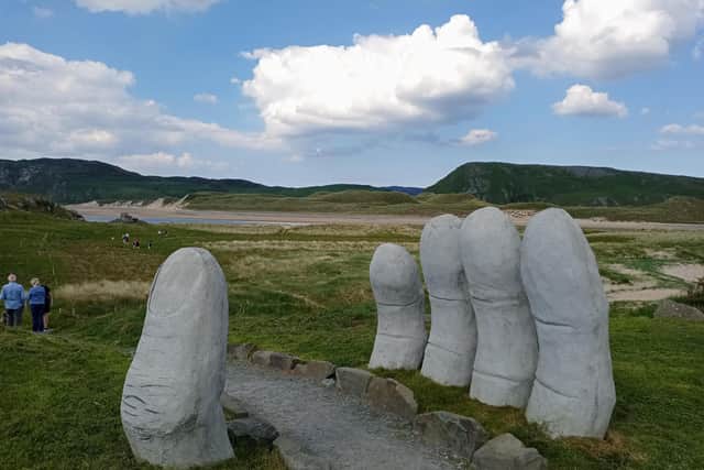 The Hand of Doagh sculpture on the Isle of Doagh by artist Danny O'Donnell.