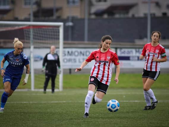 Derry City Women's Eimear Lafferty takes the ball out from the back during Wednesday night's game against Crusaders Strikers. Picture by JPJPhotography