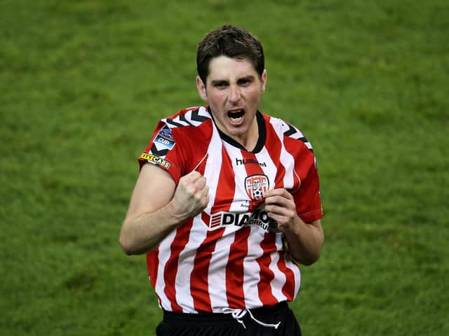 Ruaidhri Higgins celebrates winning the FAI Cup with Derry City at the Aviva Stadium in 2012.