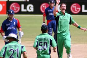 Boyd Rankin dismisses England’s Michael Vaughan, during the 2007 World Cup. Picture by Barry Chambers