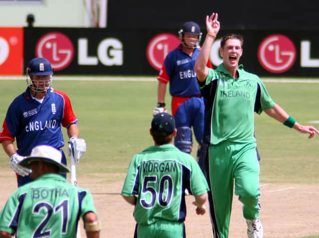 Boyd Rankin dismisses England’s Michael Vaughan, during the 2007 World Cup. Picture by Barry Chambers