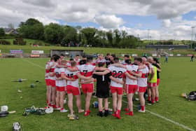 Derry hurlers in a huddle after defeating Donegal at Ballinascreen on Sunday.