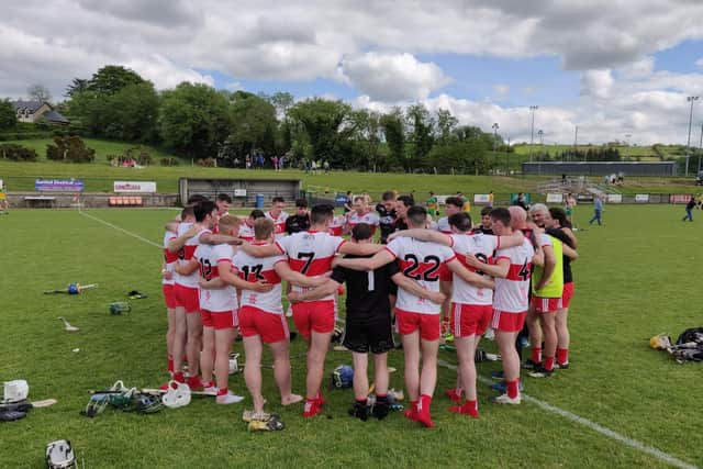 Derry hurlers in a huddle after defeating Donegal at Ballinascreen on Sunday.