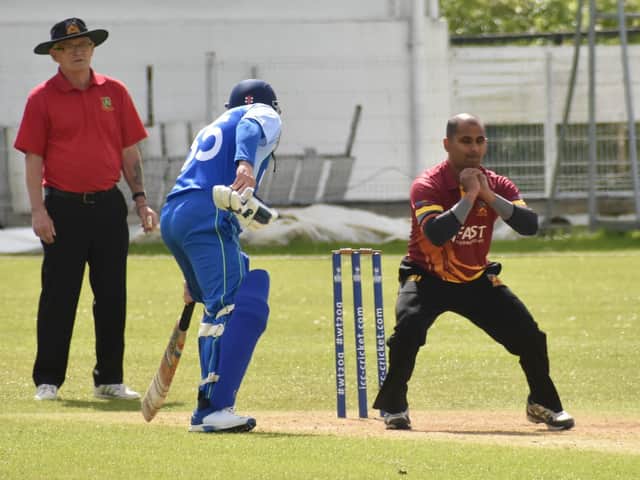 Bready's Steve Lazars with a nice caught and bowled during Sunday's win over Burndennett. Picture by Lawrence Moore