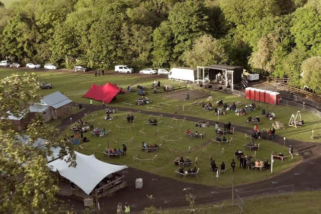 An aerial view of the socially distanced outdoor concert at Ballymully Cottage Farms near Limavady, where the team behind Stendhal Festival held the first outdoor live music event in more than a year in Northern Ireland on Saturday evening. Image by Amelia Films