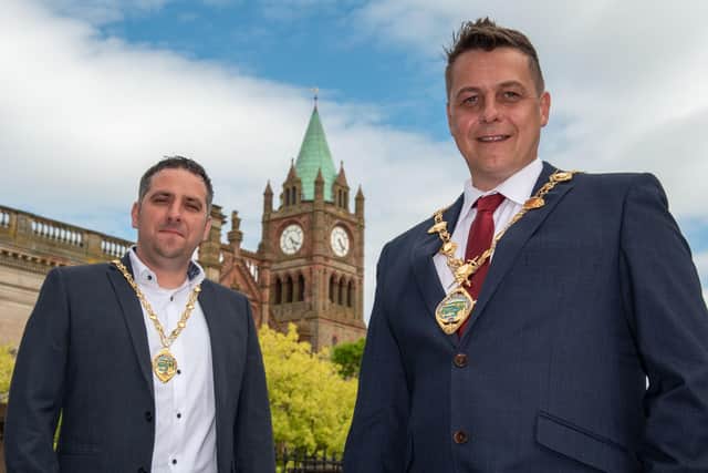 Derry City and Strabane District Council Mayor Alderman Graham Warke and Deputy Mayor Christopher Jackson, left. Picture Martin McKeown. 07.06.21
