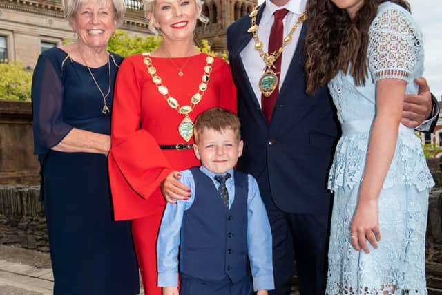 Derry City and Strabane District Council's new Mayor, Alderman Graham Warke and Mayoress, Tracy Anderson with his mum Jeanette Warke and children, Ollie and Katelyn. Picture Martin McKeown. 07.06.21