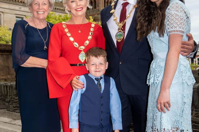 Derry City and Strabane District Council's new Mayor, Alderman Graham Warke and Mayoress, Tracy Anderson with family. Picture Martin McKeown. 07.06.21