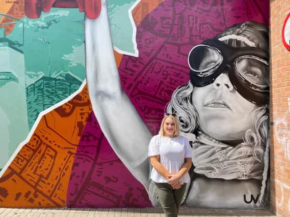 Councillor Sandra Duffy at  Amelia Earhart mural at the weekend