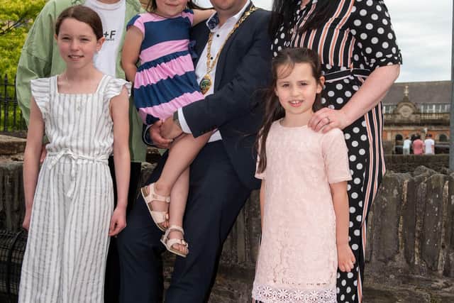 Derry City and Strabane District Council  Deputy Mayor, Councillor Christopher Jackson with family. Picture Martin McKeown. 07.06.21