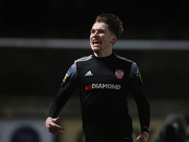 Stephen Mallon celebrates his first Derry City goal against Bohemians last year.