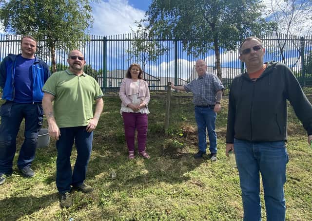 From left to right: Fiachra McGuinness ,Andrew Bonner Manager House in the Wells ,Cllr Patricia Logue ,Charlie McMenamin ,Decky McLaughlin staff House in the Wells