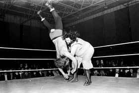 1970s... Giant Haystacks does his thing at Derry's Templemore Sports Complex.