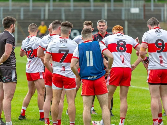 Rory Gallagher talks to his players during the second half water break against Limerick in Carrick-on-Shannon on Saturday. (Photo: Stefan Hoare)