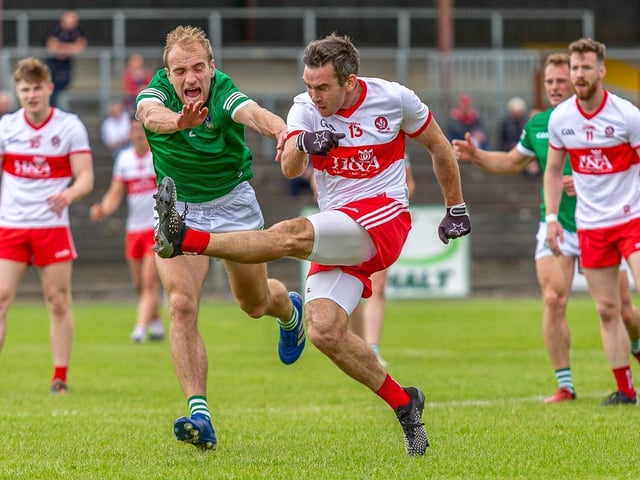 Benny Heron scores a superb point during the first half of Saturday's Division Three semi-final in Carrick-on-Shannon. (Photo: Stefan Hoare)