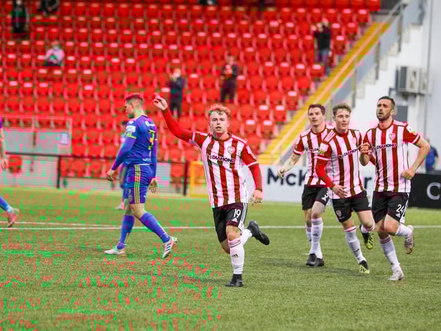 Derry City winger Marc Walsh celebrates his late equaliser against Bohemians on Friday night. Photograph by Kevin Moore.