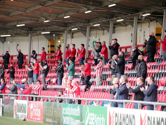 A section of the Derry City support at Friday night's match in the Ryan McBride Brandywell Stadium. Photograph by Kevin Moore (MCI).