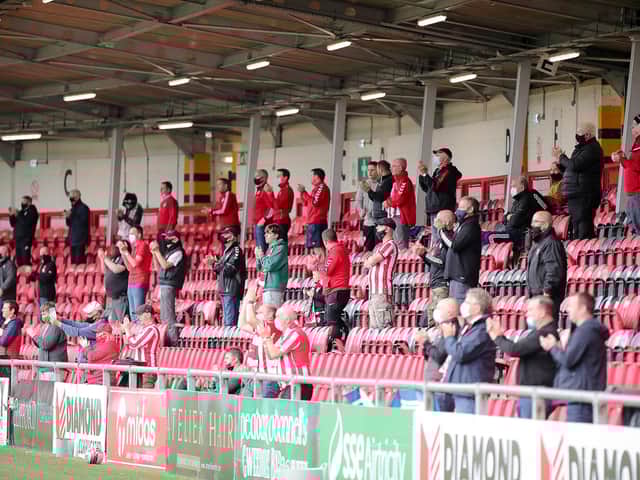 A section of the Derry City support at Friday night's match in the Ryan McBride Brandywell Stadium. Photograph by Kevin Moore (MCI).