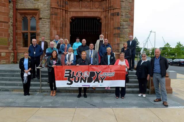 Relatives, members of the Bloody Sunday Trust and local politicians pictured, on Tuesday morning in the Guildhall Square, at the launch of the draft programme for 50th anniversary year in 2022. DER2124GS â€“ 013