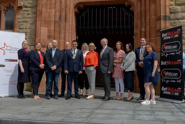 Group pictured at the launch of the Derry Journal – BetMcLean People of the Year Awards 2021 in Guildhall Square on Wednesday afternoon last. From left, Maeve Walsh, Retail Director, Specsavers, Caroline Corr, Calor, Louise Strain, Derry Journal, Brendan McDaid, Editor, Derry Journal,   John Harkin, CEO, Alchemy Technology Services, the Mayor of Derry and Strabane Alderman Graham Warke, Andrena O'Prey, Advertising Manager, Derry Journal,  Jacqui Diamond, Derry Journal,  Paul McLean, managing director BetMcLean, principal sponsor, Teresa McCloskey, Performance & Quality Manager, Apex Housing Association, Donna Matthewson, Director of Housing, Apex Housing Association , Steve Frazer, Managing Director, City of Derry Airport and Julie Forde, events Manager, Derry Journal.  DER2124GS – 020