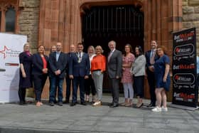 Group pictured at the launch of the Derry Journal – BetMcLean People of the Year Awards 2021 in Guildhall Square on Wednesday afternoon last. From left, Maeve Walsh, Retail Director, Specsavers, Caroline Corr, Calor, Louise Strain, Derry Journal, Brendan McDaid, Editor, Derry Journal,   John Harkin, CEO, Alchemy Technology Services, the Mayor of Derry and Strabane Alderman Graham Warke, Andrena O'Prey, Advertising Manager, Derry Journal,  Jacqui Diamond, Derry Journal,  Paul McLean, managing director BetMcLean, principal sponsor, Teresa McCloskey, Performance & Quality Manager, Apex Housing Association, Donna Matthewson, Director of Housing, Apex Housing Association , Steve Frazer, Managing Director, City of Derry Airport and Julie Forde, events Manager, Derry Journal.  DER2124GS – 020