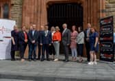 Group pictured at the launch of the Derry Journal – BetMcLean People of the Year Awards 2021 in Guildhall Square on Wednesday afternoon last. From left, Maeve Walsh, Retail Director, Specsavers, Caroline Corr, Calor, Louise Strain, Derry Journal, Brendan McDaid, Editor, Derry Journal,   John Harkin, CEO, Alchemy Technology Services, the Mayor of Derry and Strabane Alderman Graham Warke, Andrena O'Prey, Advertising Manager, Derry Journal,  Jacqui Diamond, Derry Journal,  Paul McLean, managing director BetMcLean, principal sponsor, Teresa McCloskey, Performance & Quality Manager, Apex Housing Association, Donna Matthewson, Director of Housing, Apex Housing Association , Steve Frazer, Managing Director, City of Derry Airport and Julie Forde, events Manager, Derry Journal.  DER2124GS – 020
