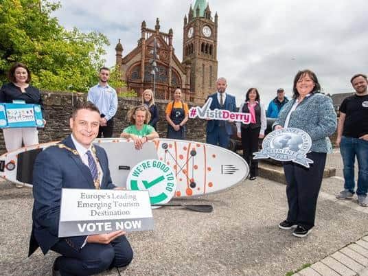 Supporting the voting are industry members, Brenda Morgan, City of Derry Airport, Ethan Dunlop, City Cabs, Lawrence McBride, Far and Wild, Carla McDevitt, Airporter, Kiera Duddy, The Pickled Duck, Bronagh Masoliber, Visit Derry. David Douglas, Derrie Danders and James Huey, Walled City Brewery. To vote for Derry as Europe’s Leading Emerging Tourism Destination, visit www.visitderry.com/vote before 14th July.