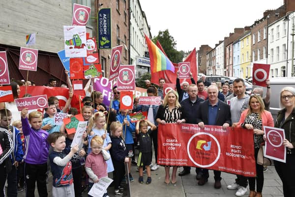 Local politicians and representatives from various Irish language groups pictured during the protest at An Culturlann several years ago. DER3118-134KM