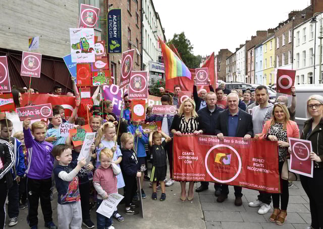 Local politicians and representatives from various Irish language groups pictured during the protest at An Culturlann several years ago. DER3118-134KM