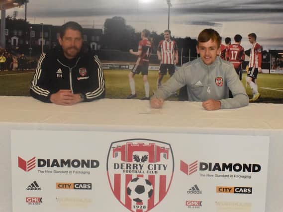 Derry City manager Ruaidhri Higgins and midfielder Ciaron Harkin who signed a two and a half year contract extension this morning.