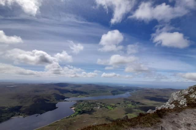 A view of Dunlewey Lough, the Derryveagh mountains, Gweedore and the Rosses, from the summit of Errigal.