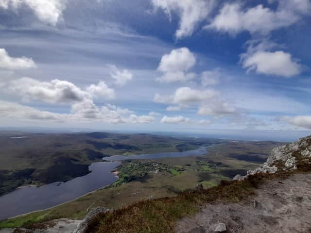 A view of Dunlewey Lough, the Derryveagh mountains, Gweedore and the Rosses, from the summit of Errigal.