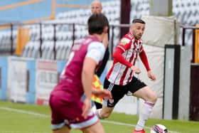 Derry City defender Danny Lafferty in action against Drogheda United before the break. Photograph by Kevin Moore.