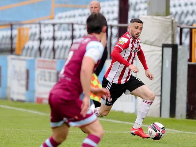 Derry City defender Danny Lafferty in action against Drogheda United before the break. Photograph by Kevin Moore.