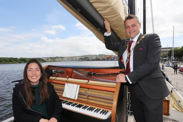 Marieke Huysmans Berthou and Mayor of Derry City and Strabane District Council Alderman Graham Warke.