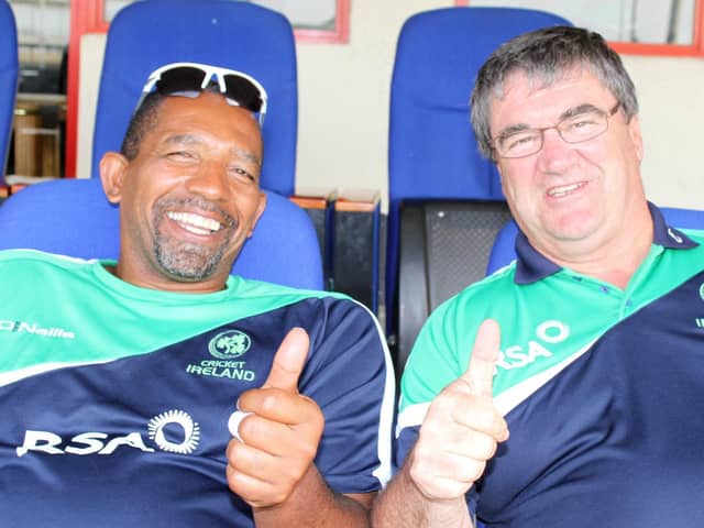 Thumbs up from former Ireland coach Phil Simmons and the late great Ireland manager Roy Torrens. Picture by Barry Chambers