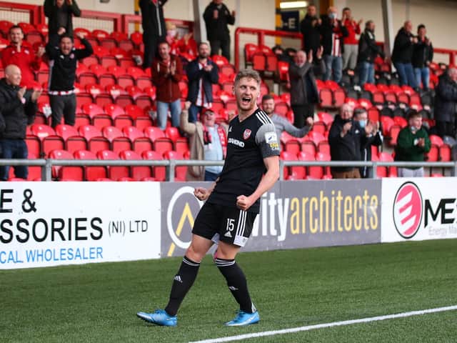 Goalscorer Ronan Boyce enjoyed the reaction from the Southend Park stand after his 86th minute equaliser against Sligo Rovers. Photo by Kevin Moore.