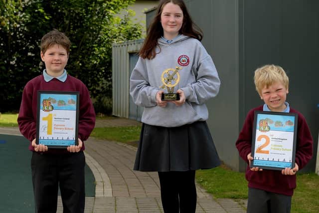 Culmore Primary School recently achieved first place in the Sustrans Northern Ireland region of ‘The Big Pedal’ one day challenge and second place overall in the UK. Pictured are pupils Pollan Doherty, Year 3, Hannah McLaughlin, Year 7, and Samuel McConaghie, Year 1, who accepted the awards on behalf of the school. DER2125GS - 007