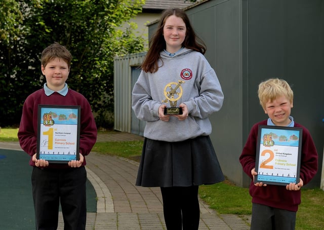 Culmore Primary School recently achieved first place in the Sustrans Northern Ireland region of ‘The Big Pedal’ one day challenge and second place overall in the UK. Pictured are pupils Pollan Doherty, Year 3, Hannah McLaughlin, Year 7, and Samuel McConaghie, Year 1, who accepted the awards on behalf of the school. DER2125GS - 007