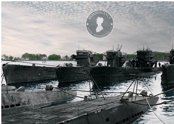 A restored photograph of the U-Boats at Lisahally after the kapitulation of May 1945.