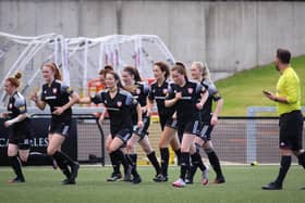 Derry City Women celebrate Caroline Gallagher's goal against Linfield Ladies. Picture by John Paul McGinley