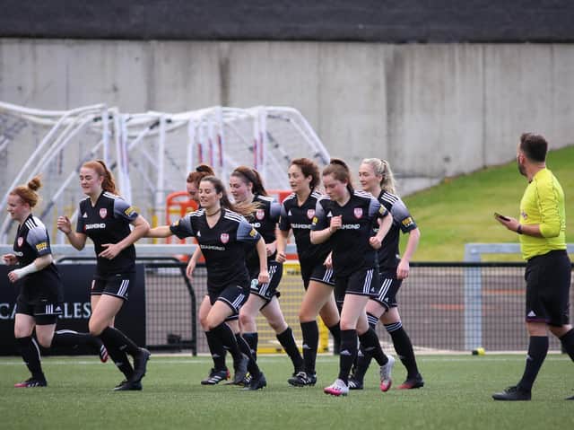Derry City Women celebrate Caroline Gallagher's goal against Linfield Ladies. Picture by John Paul McGinley